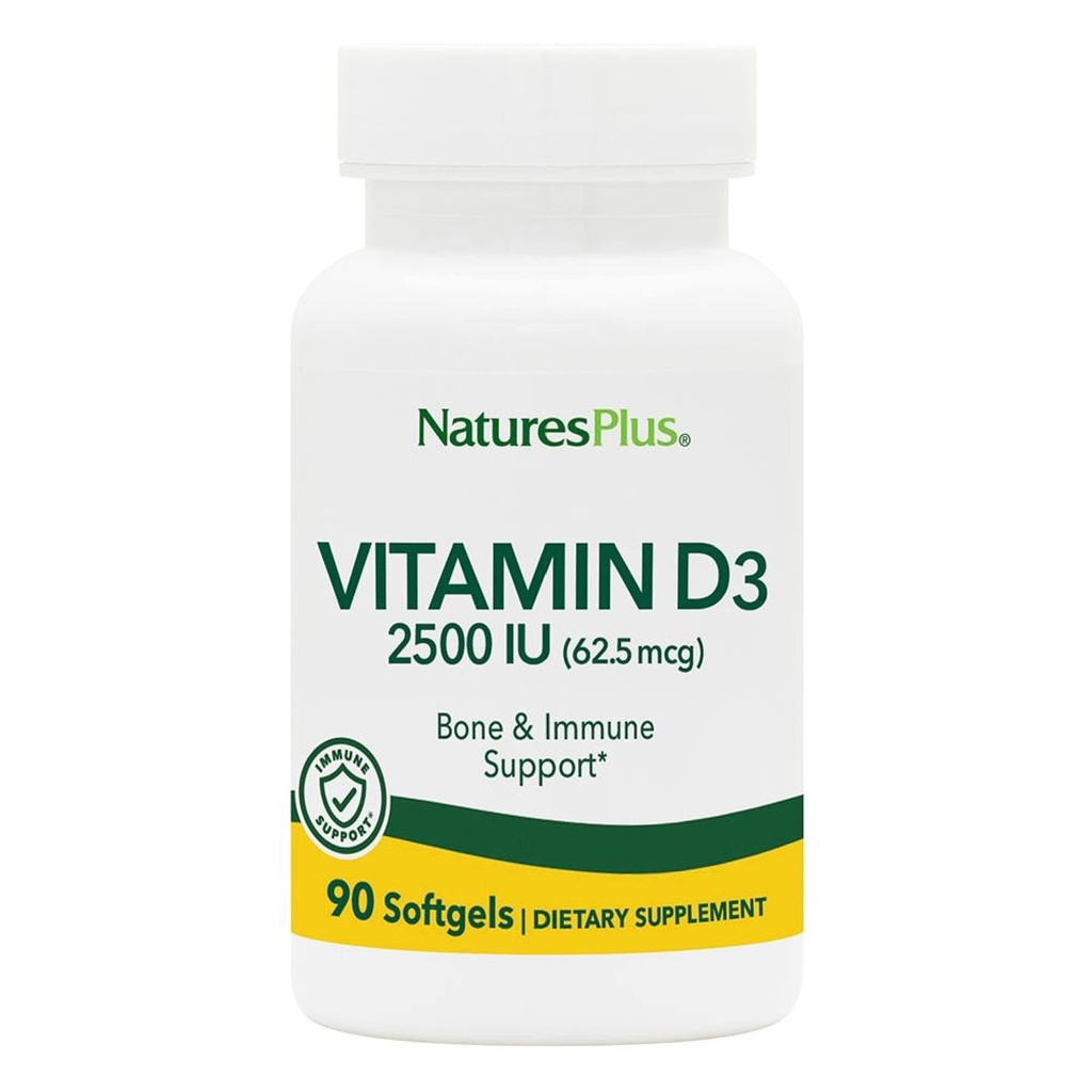 NaturesPlus Witamina D3 (Cholecalciferol) - 2500 j, 90 Softgels - Bone Health, Heart Health & Immune System Supplement, Bioavaible Active Form - Gluten- Free - 90 Servings