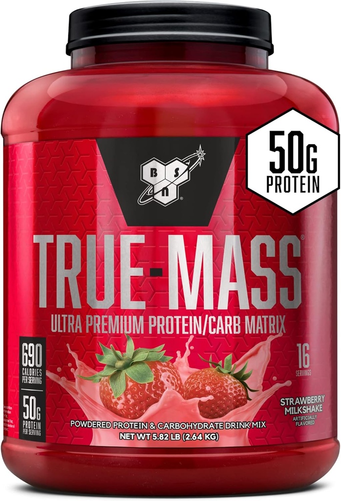 BSN TRUE- MASS Waga Gainer, Muscle Mass Gainer Protein Powder, Truskawka Milkshake, 5.82 Funt