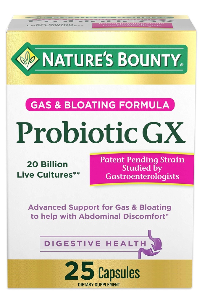 Nature 's Bounty Probiotic GX, Pomaga w sporadycznych gazu i wzdęcia, Suplement diety, Zdrowie trawienne, 25 Kapsułki