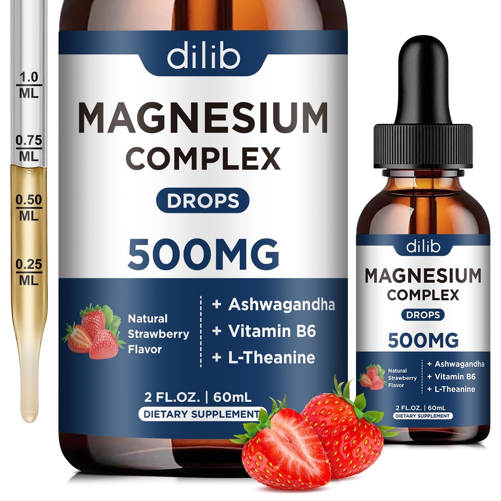 Triple Magnezu Complex Supplement- Magnezu Glycinate, Cytrate, Płyn jabłkowy 500 mg z Ashwagandha, L- Theanine, Witamina B6 dla Stress Relief, Sleep, Support- Strawberry Flavor