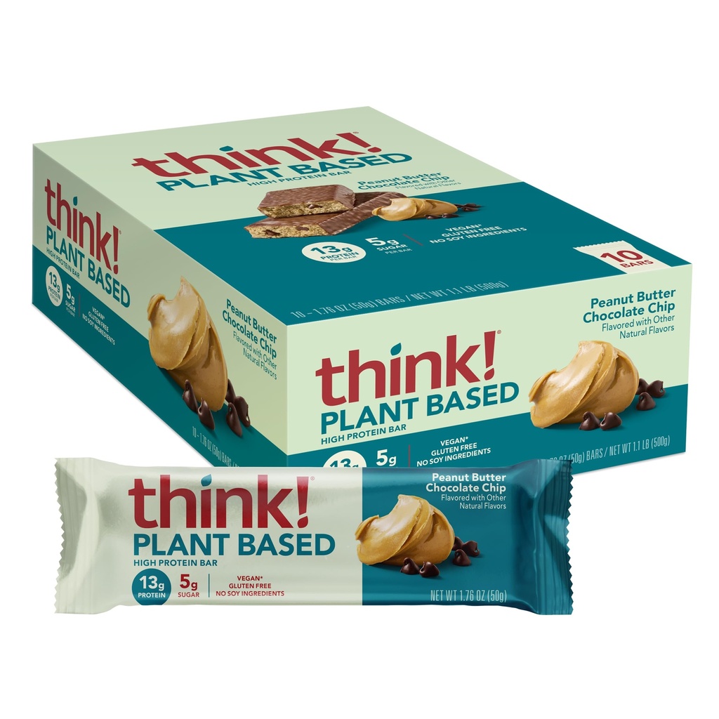 think! Vegan/Plant Based High Protein Bars - Peanut Butter Chocolate Chip, 13g Protein, 5g Sugar, No Artificial Sweeteners, Non GMO Project Verified, 10 Count (Packaging May Vary)