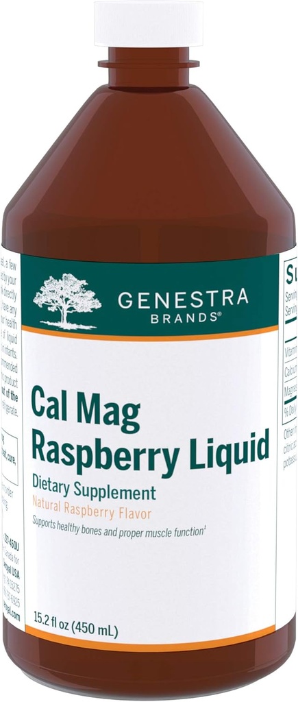 Genestra Brands Cal Mag Malina Liquid 124; Wapń i Magnezu Citrate Formuła z witaminy D 124; 15.2 fl. oz.