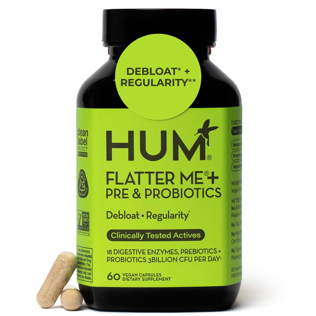 HUM Flast Me Digestive Enzymes Plus Prebiotyki i Probiotyki, Digestive Health Bloating Supplement for Women & Men, Szybkie działanie Anti Bloat Pills Multi Enzyme for Debloating, Wegan, 60 Kapsułki