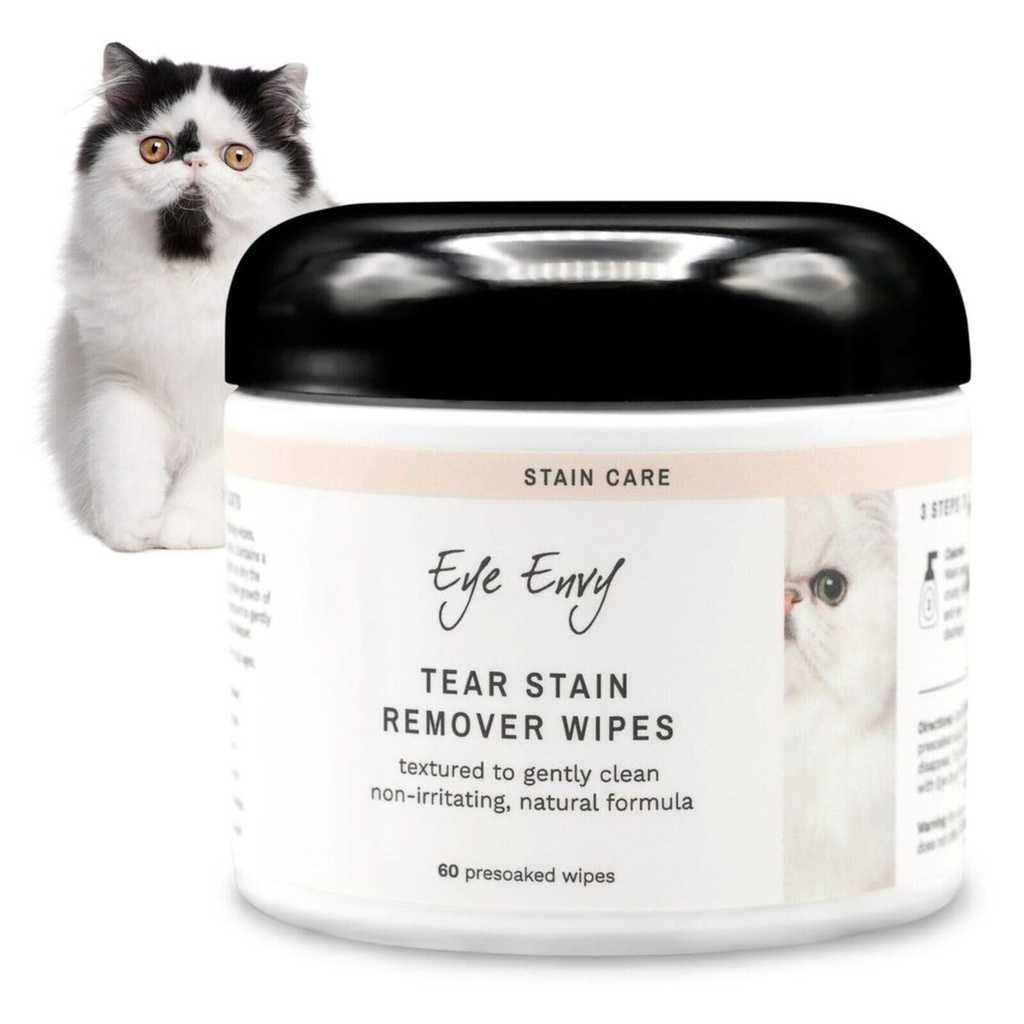 Eye Envy Tear Plain Wipes dla kotów. Textured to Gently Clean, Traktuje Przyczynę Posiadanie. 100% Natural Formula. Polecane przez Perski & Egzotyczne Hodowcy, Vets, Groomers. USA Made. 60 Cat Eye Wipes