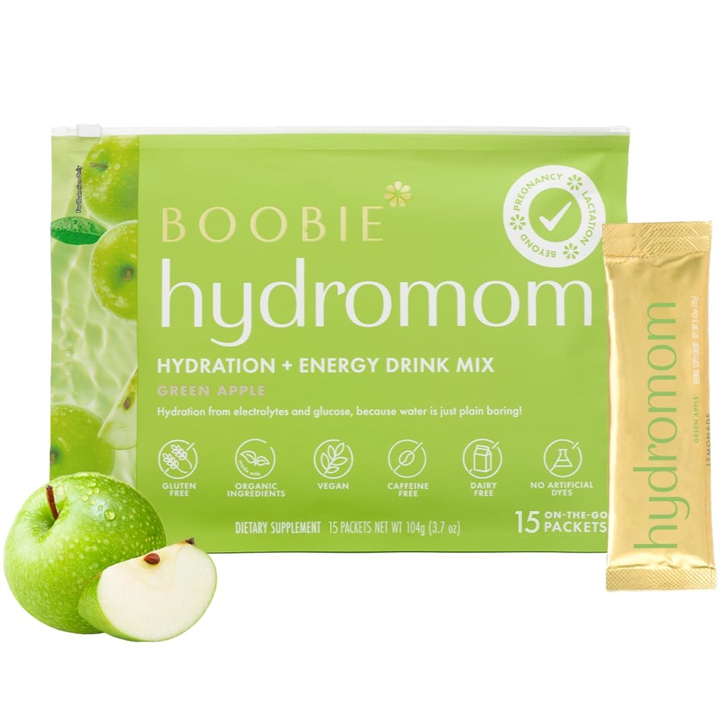 Boobie Hydromom Superfood Electrolyte Drink Mix, Green Apple | Refreshing Energy & Hydration Boost for Mamas | On-The-Go & Travel Essentials for Pregnancy, Lactation, & Beyond, 15 Packets