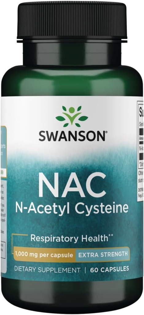 Swanson NAC N- Acetylo Cysteina - Przeciwutleniacz Przeciwstawne Wspomaganie czynności układu oddechowego - Suplement aminokwasów 1000 mg 60 Kapsułki