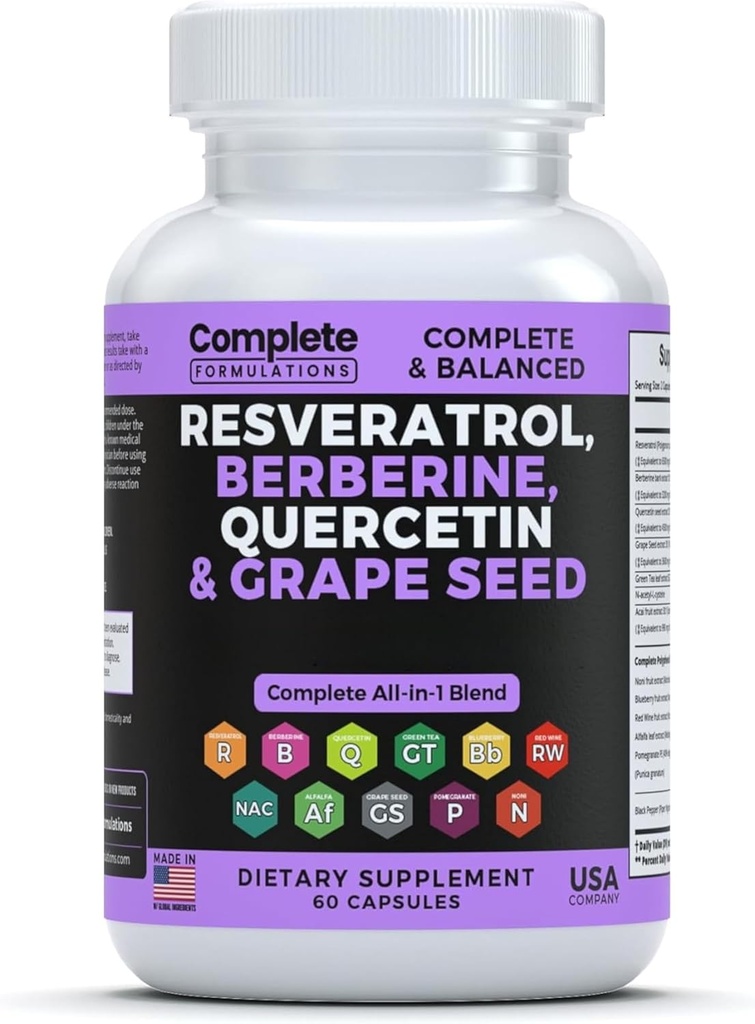 Resveratrol Suplement z Quercetin, Berberine, Grape Seed Extract & Polyfenol Mieszanka dla zdrowia skóry, Wsparcie immunologiczne i przeciwutleniacz Boost