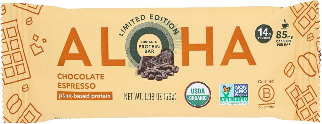 Aloha Organic Chocolate Espresso Protein Bars, 14g Białko oparte na plantacji, 85mg kofeiny, USDA Certified Organic, Gluten Free & Non-GMO, 1.98 Oz (Opakowanie 12)