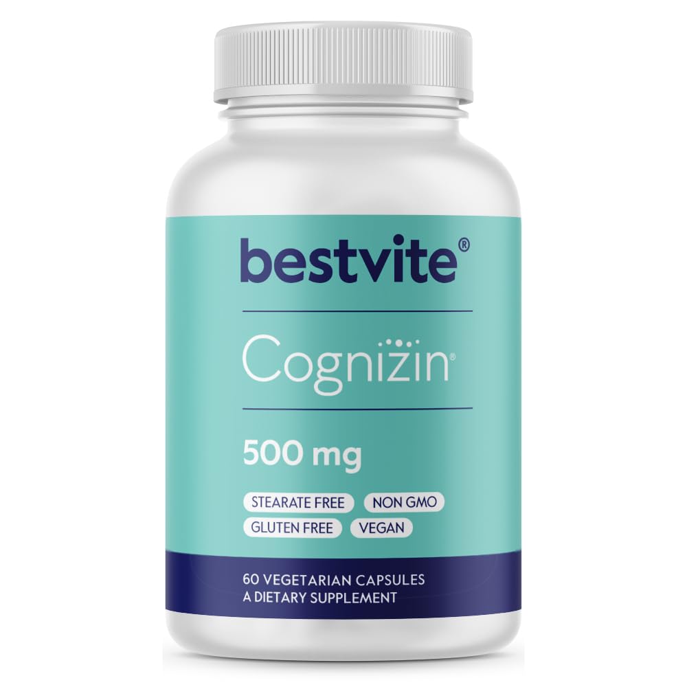 BESTVITE Cognizin Citicoline 500mg (60 Kapsułek wegetariańskich) - Clinically Studied Premium Choline Nootropic - No Stearates - Vegan - Non GMO - Gluten Free - Suplementy mózgu dla pamięci i ostrości