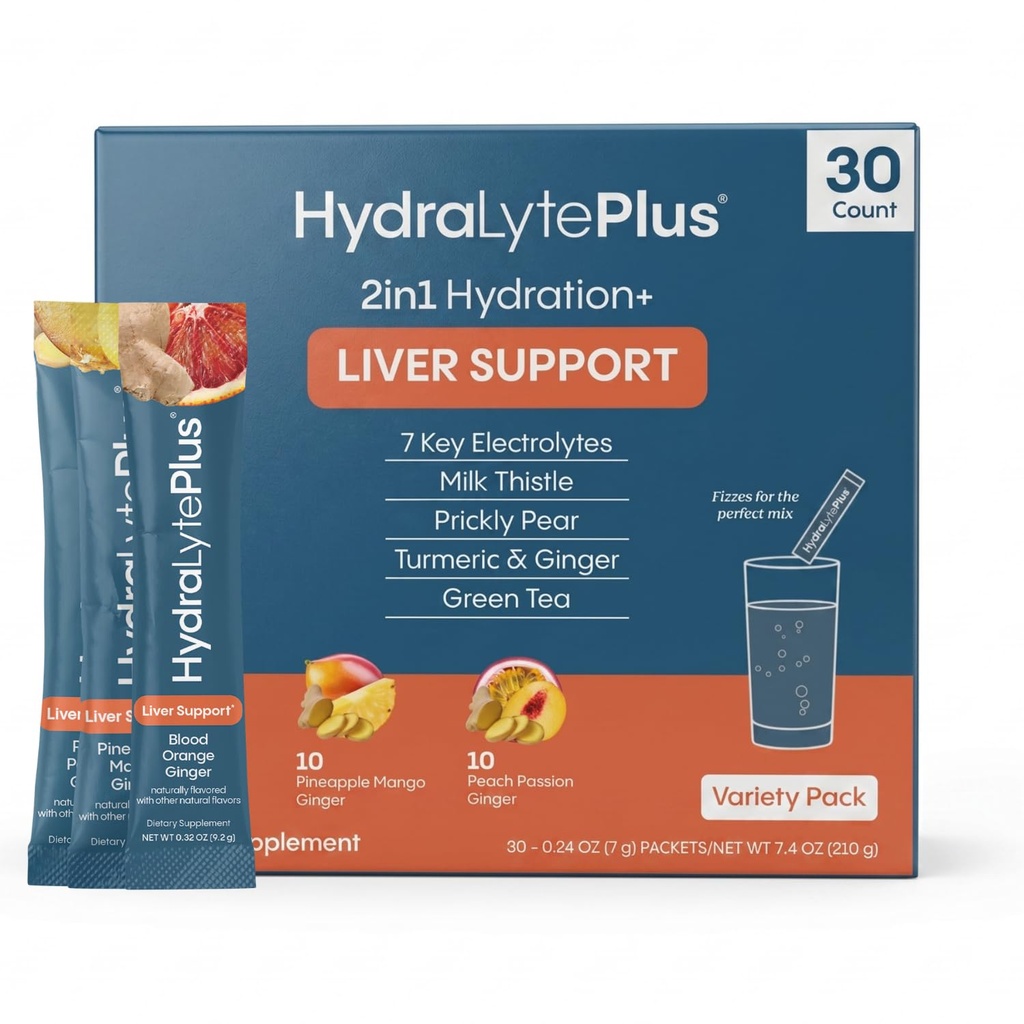 Hydralyte Liver Support + Electrolyte Mix with Milk Thistle, Turmeric, Ginger, Printer Pear, Green Tea Extract Preparted for Rapid Rehydration (Smak odmiany, 30 Pakiety)