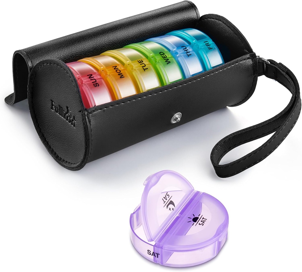 Fullicon PU Case Weekly Pill Box Organizator 2 razy dziennie, Podróże 7 dni Pill Pudełka, Przenośne Tablet Organizator z dużych działów medycyny, Medycyna, Witamina, Suplementy (Czarny / Tęcza)