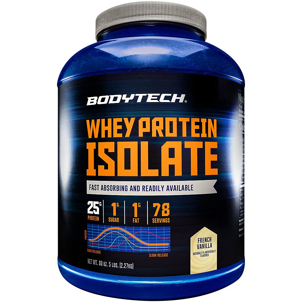 BODYTECH Proszek z izolatu białka serwatki - z 25 gramami białka na serwowanie & BCAA - Idealny do post- Workout Muscle Building & Growth, Zawiera mleko i soję - Wanilia (5 funtów)