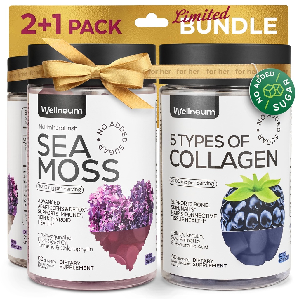 Colagen and Sea Moss Gummies Bundle - Colagen Peptides, Irish Sea Moss, Biotin, Keratin, Bladderwrack - Gumy suplement dla odporności, Detox, Zdrowe włosy, Skóra i paznokcie - dla mężczyzn i kobiet