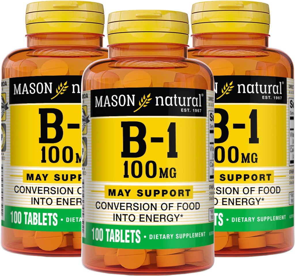 Mason Naturalna Witamina B1 (Tiamina) 100 mg, Zdrowa Konwersja Żywności w energię, Wspiera Nerve i Immunous Health, 100 Tabletki (Opakowanie po 3)