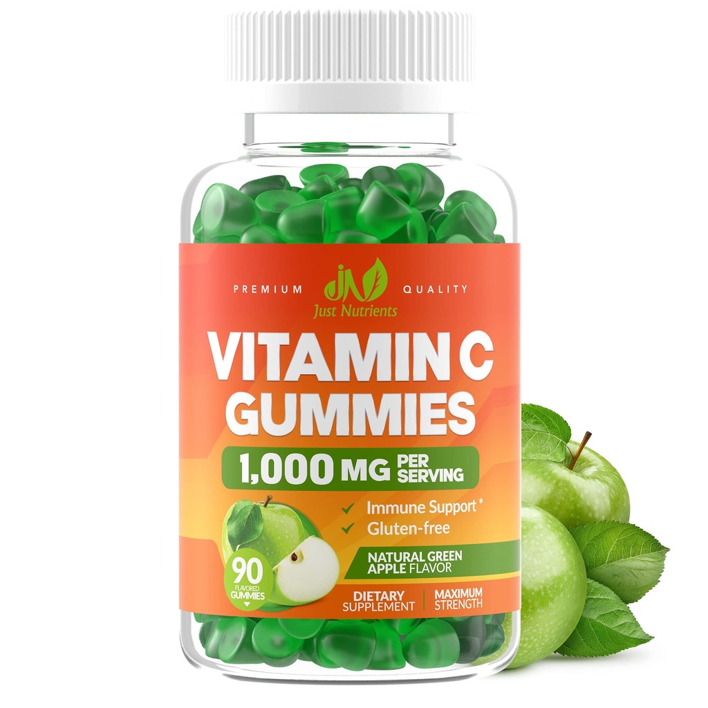 Witamina C Gummies 1000mg dla dorosłych i dzieci - Maksymalna moc Chewable immunologicznego wsparcia, Wsparcie Kolagenowe - Sour Green Apple Flavor - Gluten Free, Non-GMO, Wegetarianin - 90 Gummies (30 Servings)