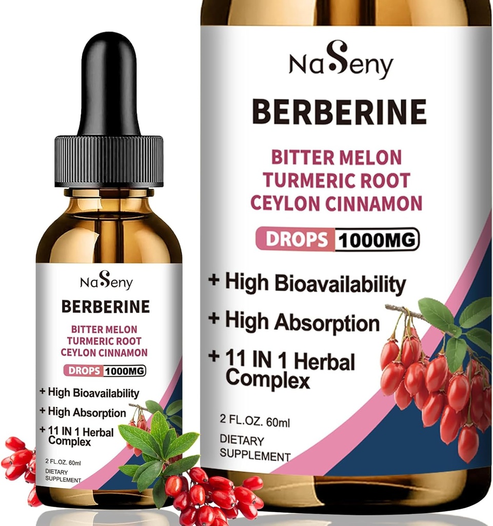 Berberine płynne dropsy-Berberine HCL Dropy z Ceylon Cynamon, Bitter Melon, Turmeric, Płynny Herbal Suplement do ekstrakcji dla zdrowia immunologicznego i trawienia (60 ml)