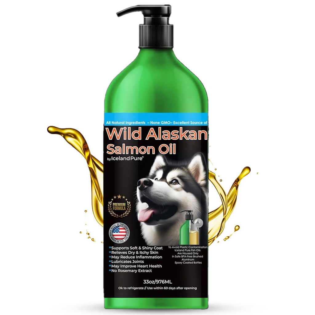 Islandia Pure Wild Alaskan Salmon Oil for Dogs & Cats, Omega-3 Fish Oil, Płynny suplement dla zwierząt domowych, Wspiera system immunologiczny i zdrowie serca, 33oz