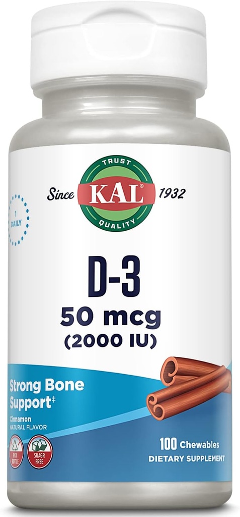 KAL Witamina D3 Chewables 50 µg, Witamina D 2000 j. m. jako Cholekalcyferol, Cukier wolny, Naturalny Cynamon Flavor D3 Witamina, Immune Support & Bone Health, 100 Servings, 100 Chewables