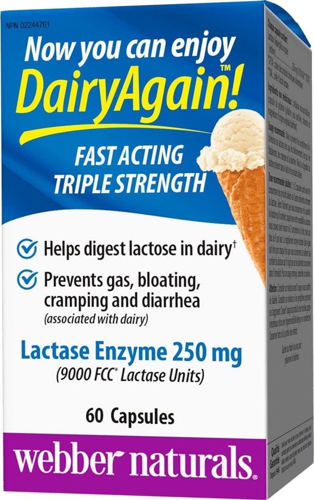 Webber Naturals Dairy Again 250 mg Lactase Enzyme Triple Siła, 60 Kapsułki
