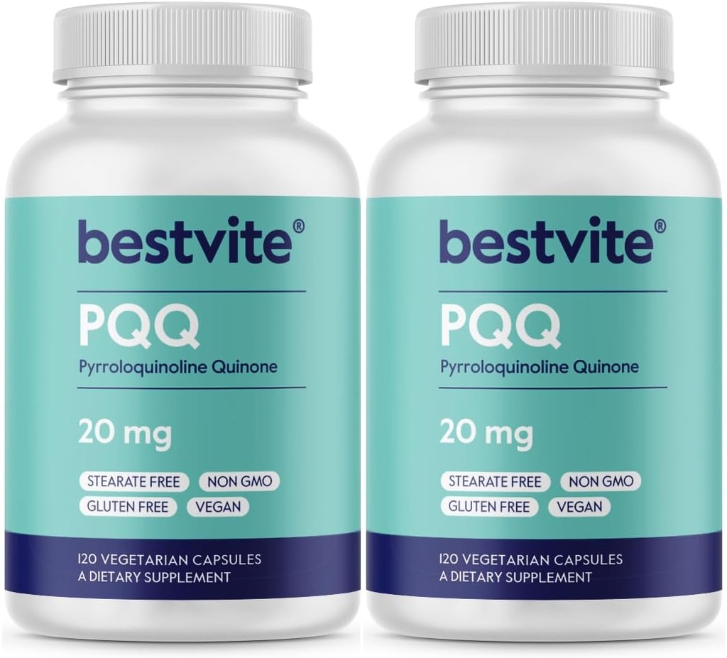 BESTVITE PQQ 20mg (Pyrrolochinolina Quinone) (240 Kapsułki wegetariańskie) (120 x 2) - Brak stearynianów - Wegan - Nie GMO - Bez glutenu