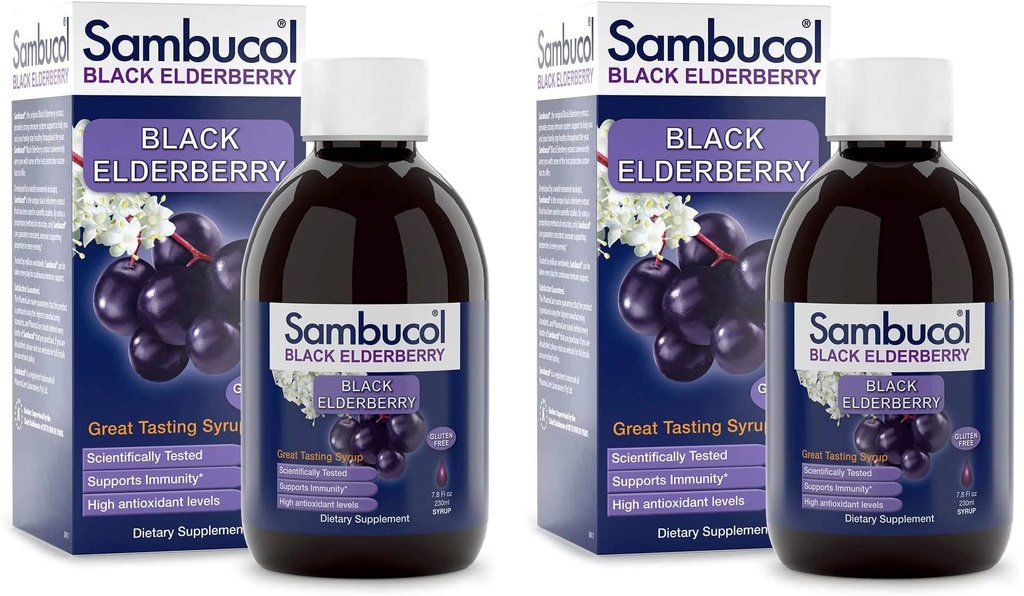 Sambucol Black Elderberry Syrop - Sambucus Elderberry Syrop, Black Elderberry Liquid, Immune Support, Wysokie przeciwutleniacze, Gluten Free - Oryginalna formuła, 7.8 Fl Oz (Opakowanie 2)