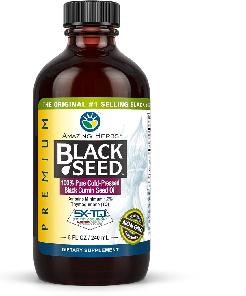 Niesamowite zioła Premium Black Seed Oil - Gluten Free, Nie GMO, Cold Pressed Nigella Sativa Aid in Digestive Health, Wsparcie immunologiczne, Funkcje mózgu - 8 Fl Oz