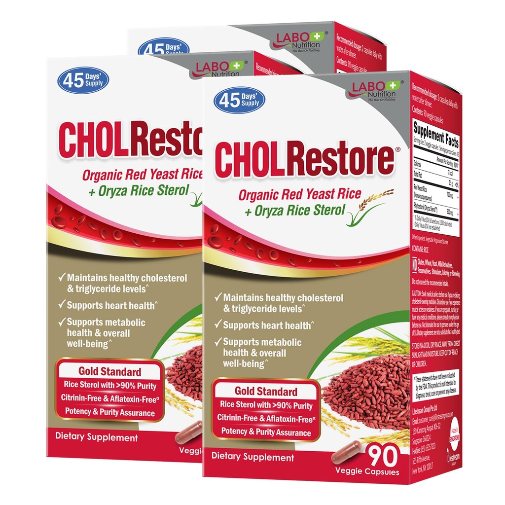 LABO Nutrition CHOLRestore - Red Yeast Rice with Phytosterol Health Supplement, Supports Healthy Cholesterol Levels, Citrynin & Aflatoksyna Free, 90 Vege kapsułki 3x3