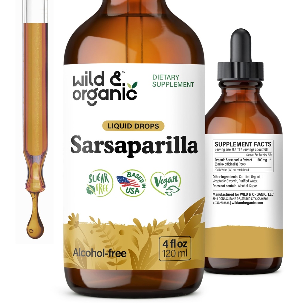 Wild & Organic Sarsaparilla Root Tincture - Ogólne wsparcie - Sarsaparilla Extract Supplement - Vegan, Sugar & Alcoholfree Liquid Drops - 4 fl oz