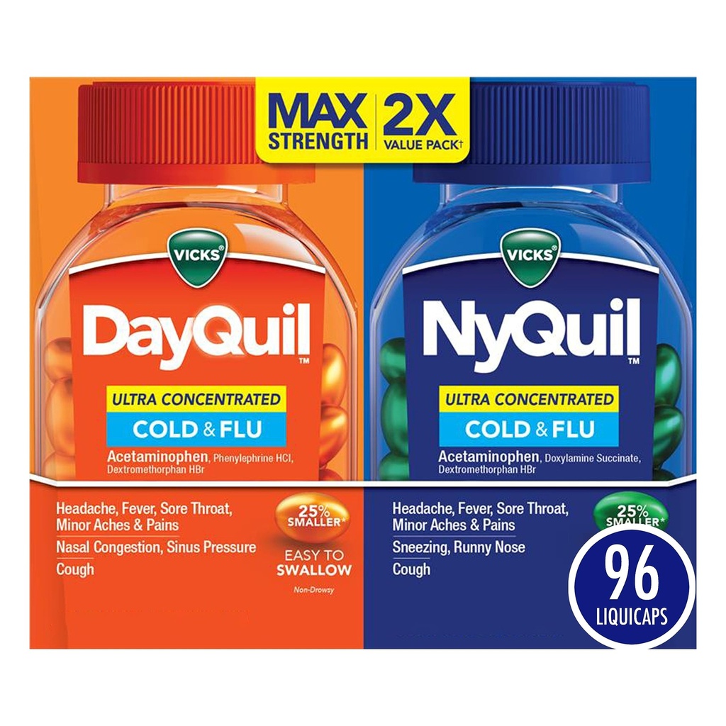 Vicks DayQuil & NyQuil Ultra koncentrat Liquicaps Co- Pack, Cold & Flu Medicine, Potężny MultiSymptom Daytime & Nighttime Relief for Headache, Gorączka, Ból gardła, Mniejsze Aches & Pains, & Kaszel, 96ct