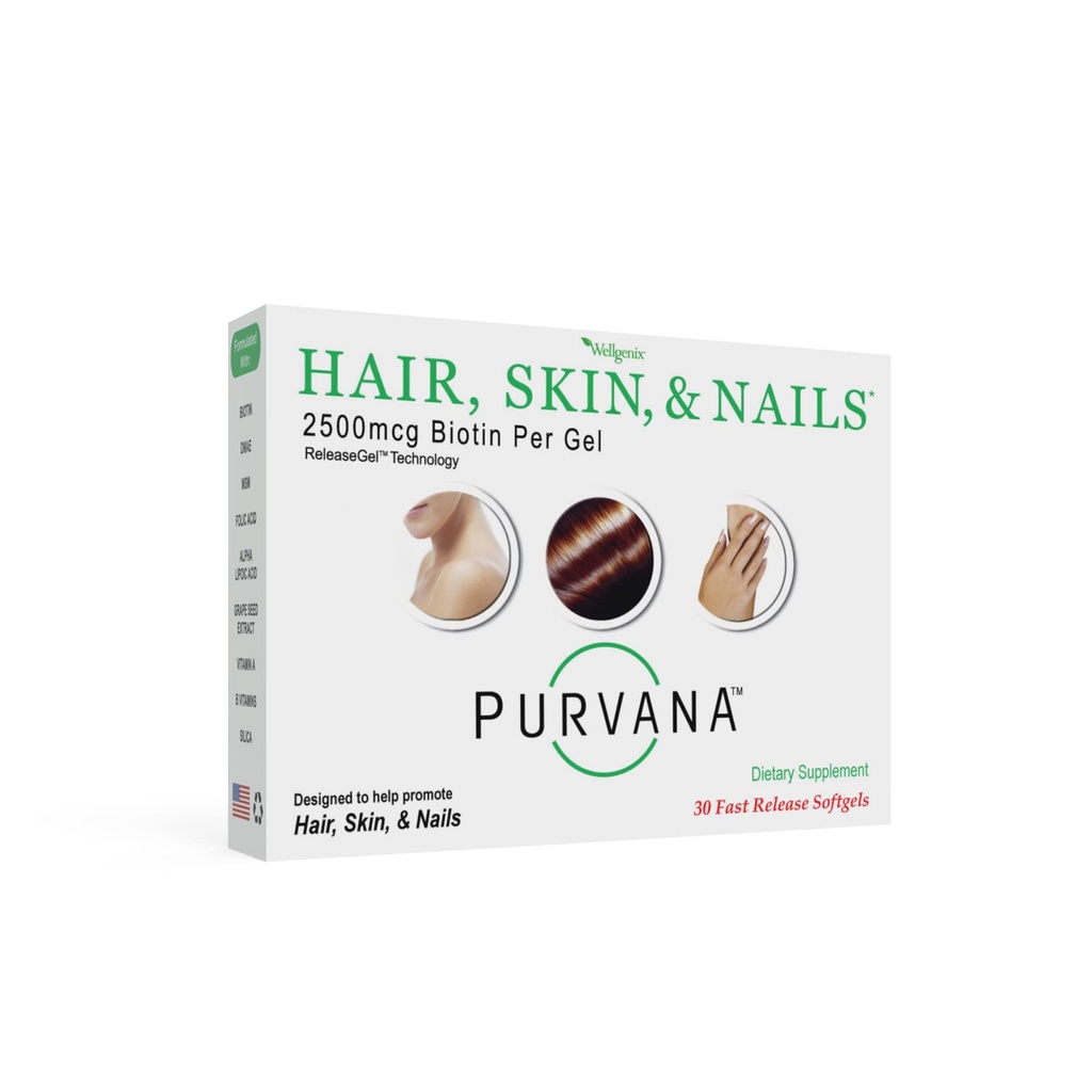 Wellgenix Purvana Włosy, Skóra, i Nails Witamina - 2500mcg Biotin, Kwas foliowy, DMAE, Wyciąg z nasion winorośli - Jeden dzień Softgels - PCOS & Postpartum Support Hair Loss - (30 Count)