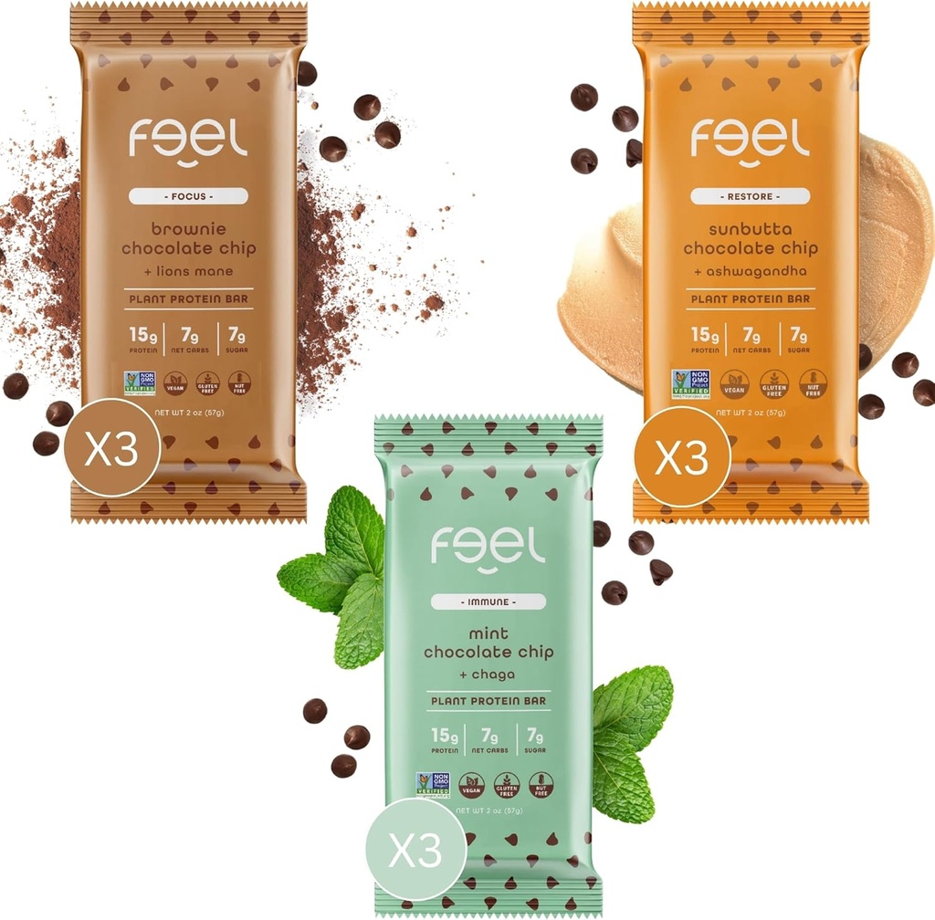 Feel Vegan Protein Bars, 124; Chocolate Lovers, 124; Keto, 124; Gluten Free, 124; Organic, Lions Mane, 124; Chaga, 124; Ashwagandha, 124; 15g Protein, 124; Niski cukier, Non GMO, 124; Sunbutta + Brownie + Ment - 9 Pack