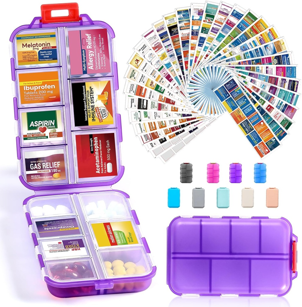14 Grids Travel Pill Organizer Box z 415- Pcs Medicine Nazewnictwo etykiet, Pocket Daily Pharmacy Case Container, Travel Medication Holder Dispenser Kit for Fish Oil Supplement Supplement Storage -Clear Purple