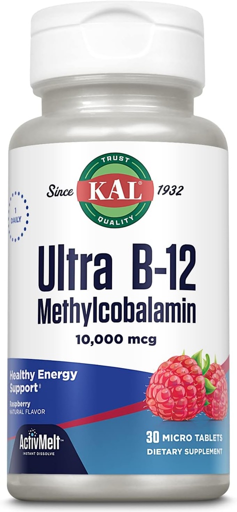 KAL Ultra B12 Metylokobalamina 10,000mcg, Witamina B- 12 o dużej mocy dla zdrowej energii, Metabolizm, Nerwy, Wsparcie Czerwonej Krwinki, * Naturalny aromat malinowy, Wegetarianin, 30 Micro Tablets, 30 Servings