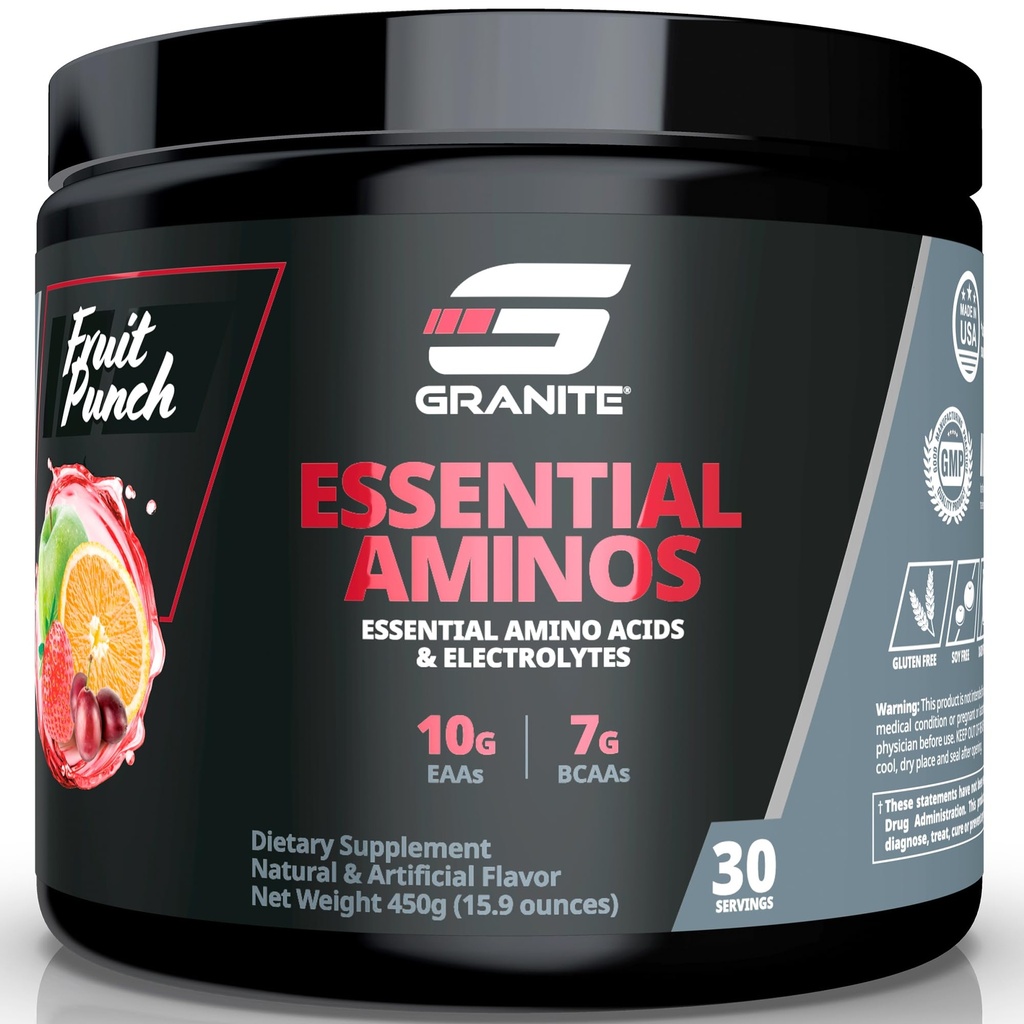 Granitowe podstawowe aminokwasy proszek do odzyskiwania i wzrostu mięśni z 10g EAA i 7g BCAA - Soyfree, Gluten- Free, 448g (30 Servings), Fruit Punch Flavor