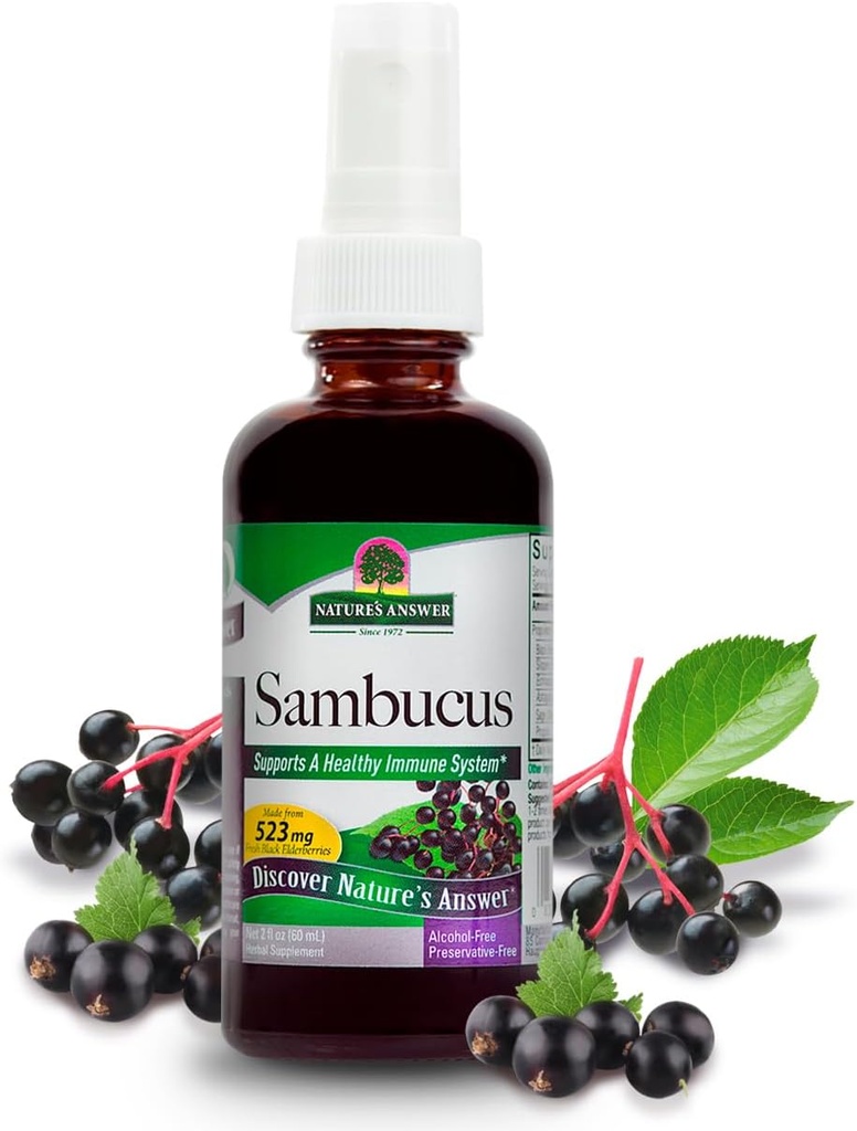 Odpowiedź natury Sambucus spray 124; Wspiera zdrowy system immunologiczny 124; Infused with Slippery Elm, Sage & Echinaea Embre 124; Alcohol- Free, Gluten- Free, Kosher Certified & No Conservatives 2oz