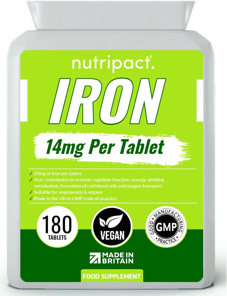 Iron Tablets 14mg - Easy to Swallow one-a-Day Formula - Helps Reduce Tiredness & Fatigue, Energy Booster, Supports Immune System, Formation of Red Blood Cells - 6 Month Supply - 180 Vegan Supplement