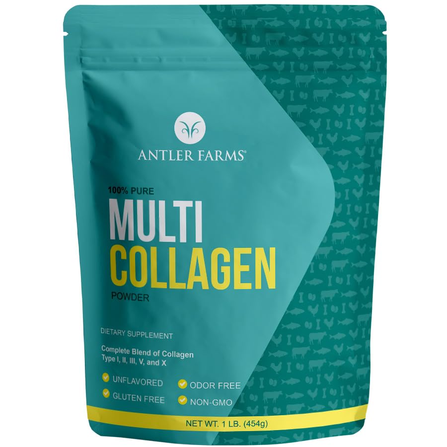 Antler Farms - Multi Collagen Protein Powder - 5 typów (I, II, III, V i X) 100% Pure Hydrolizated Collagen Peptydes for Men and Women - Biodostępny, Szybka absorpcja - Nieflavored - 1 lb