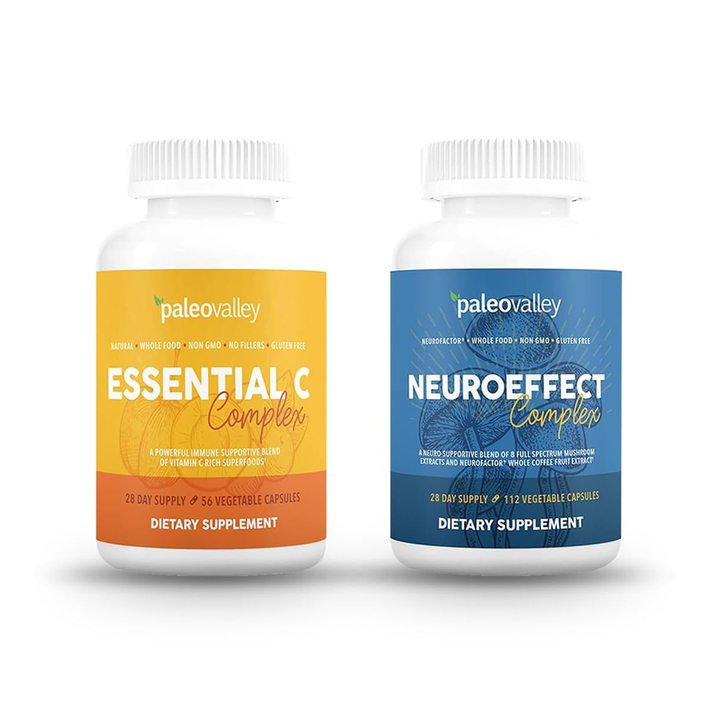 Paleovalley NeuroEffect + Esential C Complex Bundle - Neuro Mushroom Coffee Extract, Suplement witaminy C 450g Focus, Pamięć, Energia, Wsparcie immunologiczne, Organic Superfoods