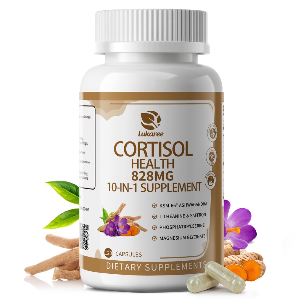 10- in-1 Kortyzol Suplementy z Magnezu, Ashwagandha, Rumianek, L- Theanina, Fosfatydyloseryna, ziele dziurawca zwyczajnego, Astragalus, Witamina C & D3, dla Kobiet, 120 Kapsułek wegańskich na 2 miesiące, Non-GMO