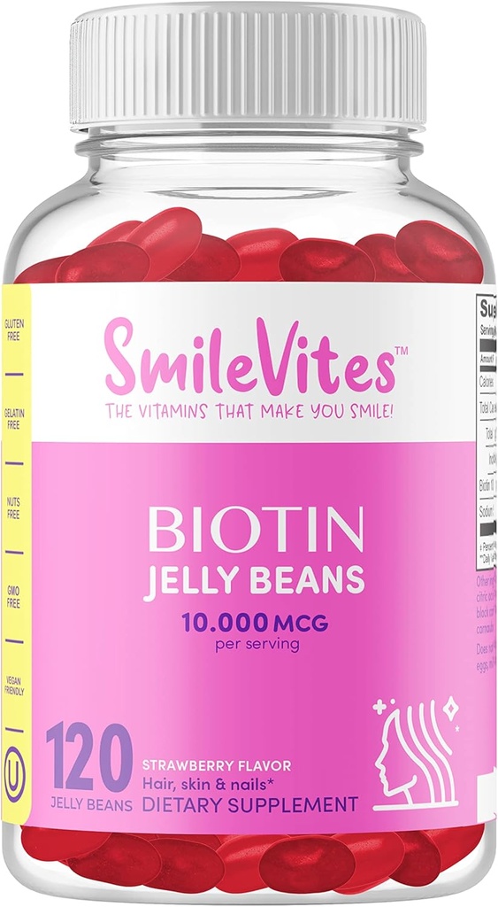 Heartland Pharma Biotin 10,000 MGC Jelly Beans 124; Włosy, skóra i paznokcie Wsparcie 124; Wegan, Gluten- Free, Non-GMO & Koser Friendly 124; Truskawka Flavor