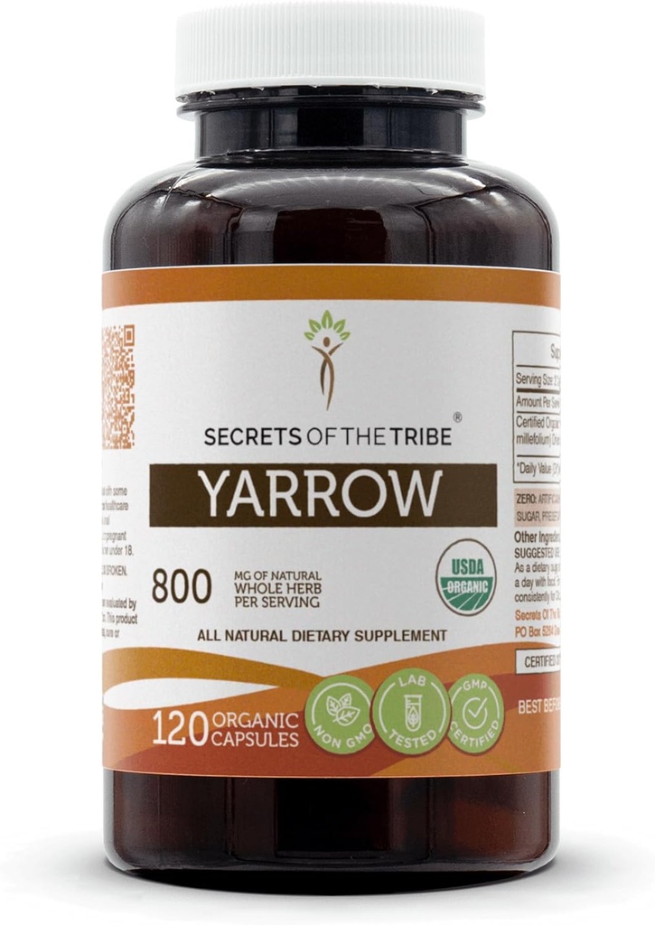 Tajemnice Tribe Yarrow USDA Organic Equipment 124; Made with Vegetarian Kapsułki i Certified Organic Yarrow (Achillea millefolium) Suszony Liść i Kwiat (120 Kapsułki)