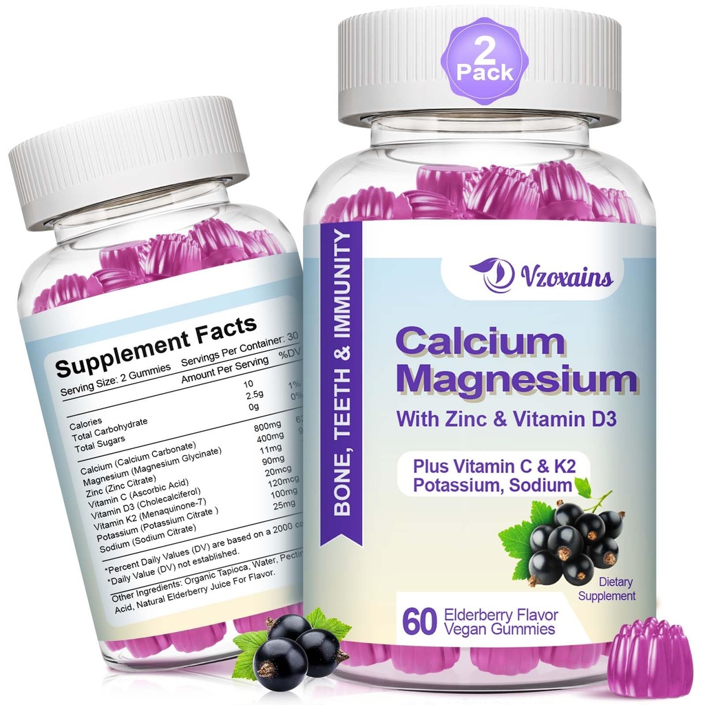 Wysoka absorpcja Gummie wapnia, Suplement magnezu wapnia bezcukrowego z witaminą potasu D3 dla B0ne & Zęby, Mięśnie funkcji - Wegan, Elderberry Flavor 120 Cts