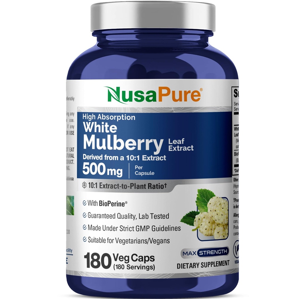 NusaPure White Mulberry Leaf Extract 10: 1 Extract, 500 mg Ekwiwalent do 5000mg 180 Veg Caps (Vegan, Non GMO Bioperine)