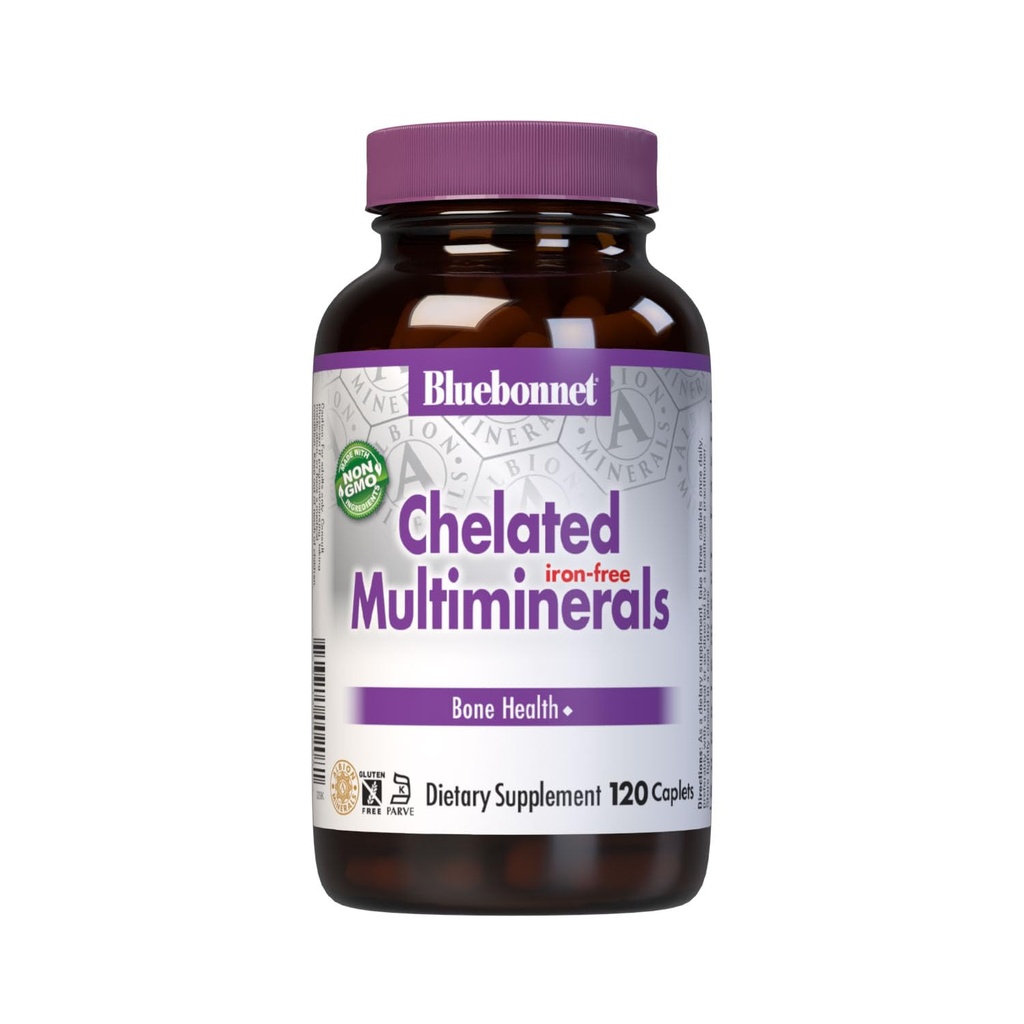Bluebonnet Nutrition High Potency Chelated Multiminerales (Iron- Free), Albion Chelated Minerals, Soy- Free, Gluten- Free, Non-GMO, Kosher Certified, Dairy- Free, 120 Capplets, 40 Servings