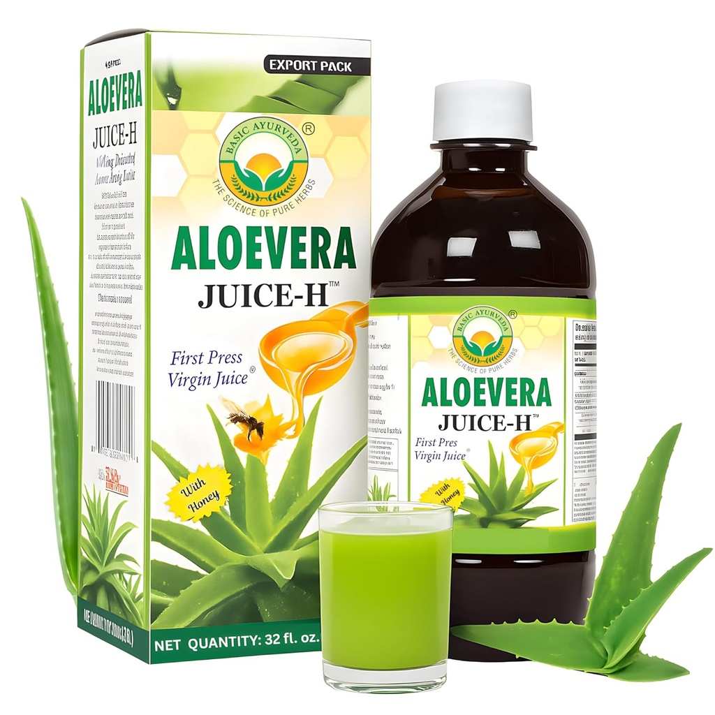PODSTAWA AYURVEDA Aloe Vera Sok z miodem 32.46 Fl Oz (960ml) 124; Wspiera Digestive Health, Hydration & Skin Wellness 124; Zimno Pressed Herbal Juice 124; Naturalne Czyszczenie 124; Nie Dodano cukru