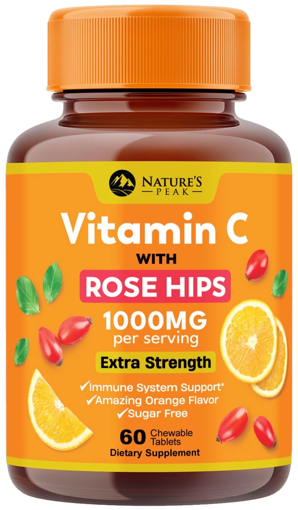 Witamina C 1000mg Suplement do żucia - Dodatkowa siła immunologiczna Suplement diety witaminy C z Rose HIPS, Naturalne VitaminC przeciwutleniacz wsparcia, Naturalny, Wegan, Pomarańczowy Flavor - 60 Tabletki