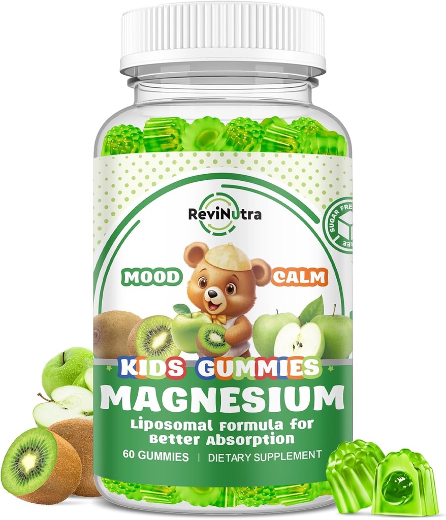 Liposomal Kids Magnezu Gummies- Magnezu Gummies Glucinate dla dzieci Suplement - w / Omega-3, Witamina B6, D3- Wsparcie Relief stresu, Kości, Nastrój, Green Apple i Kiwi Flavor, 60 Hrabia