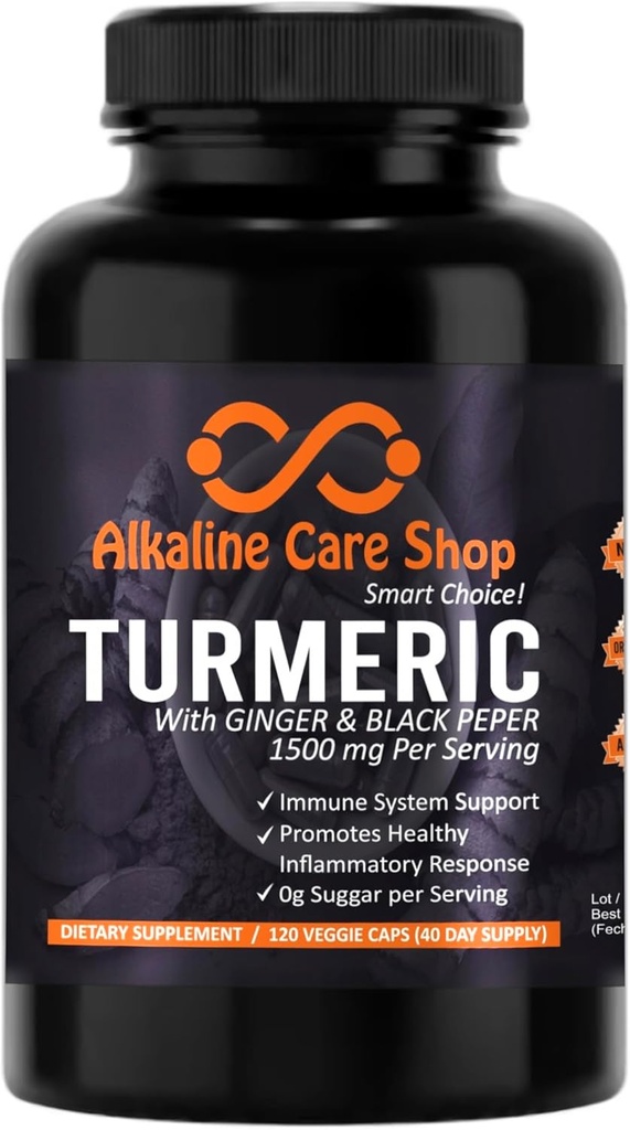 Karma alkaliczna 124; Kurkumina kurkumina Turkuminowa Suplement 1500mg z organiczną Turmerką, Ginger & Black Pepper dla najlepszej absorpcji 124; NieGMO 124; Wspólne i zdrowe wsparcie reakcji zapalnej (120 Kapsułki)