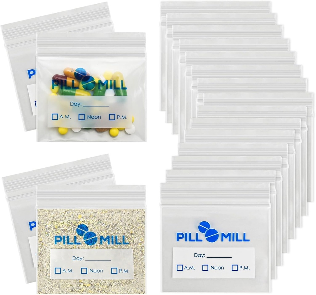 Pil Bag Count - Rozmiar 3 "X 2" 3 Mil - Plastikowe torby z piórkiem Organizer - Małe torby kieszonkowe - Pouch - Codziennie AM PM Medicine Storage Pouches - Locking Pill Carrier Container (100- Pack)