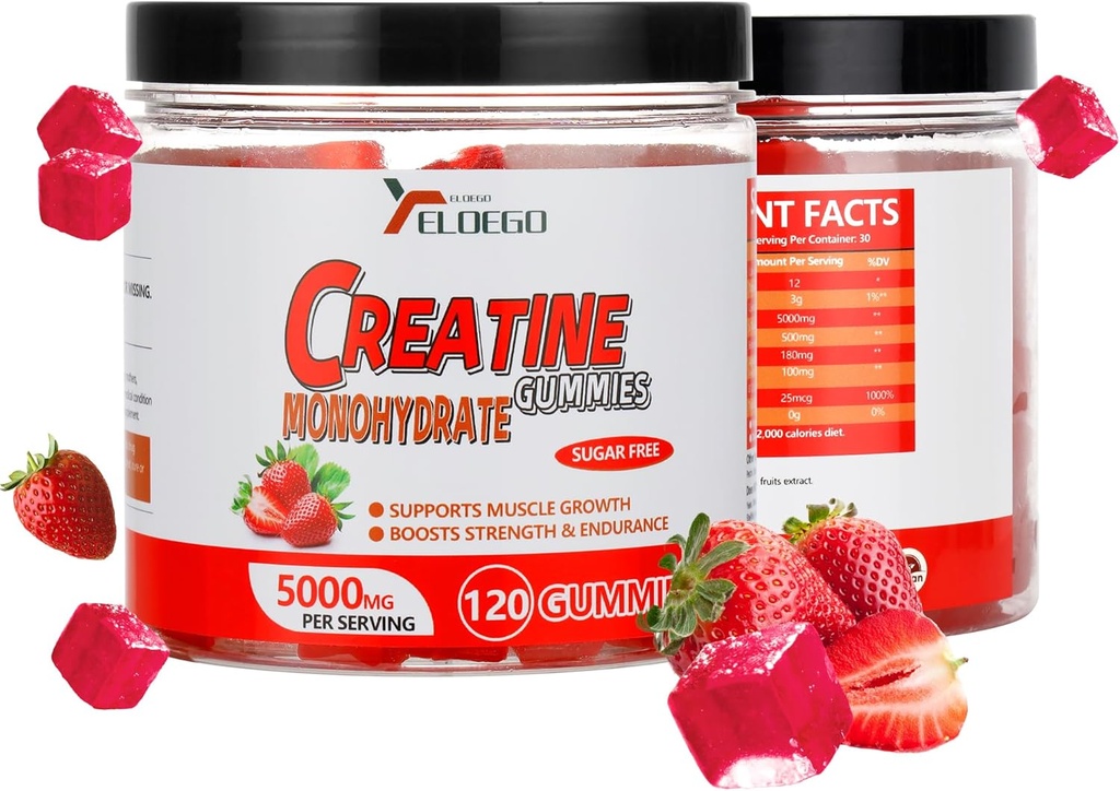 Monowodne gumki kreatynowe 5000mg cukier wolny dla mężczyzn i kobiet, z L- Tauryna + Witamina B12 dla mięśni, Muscle Builder, Energy Boost, Pre- Workout Supplement, Truskawka, 120 Hrabia
